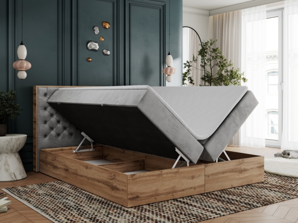 Boxspringbett mit Multipocket-Matratze und Zwei Bettkästen, Doppelbett mit Stauraum - ALBERO 3 - 120 x 200 cm - Hellgrau Velours - H3 Bild 3