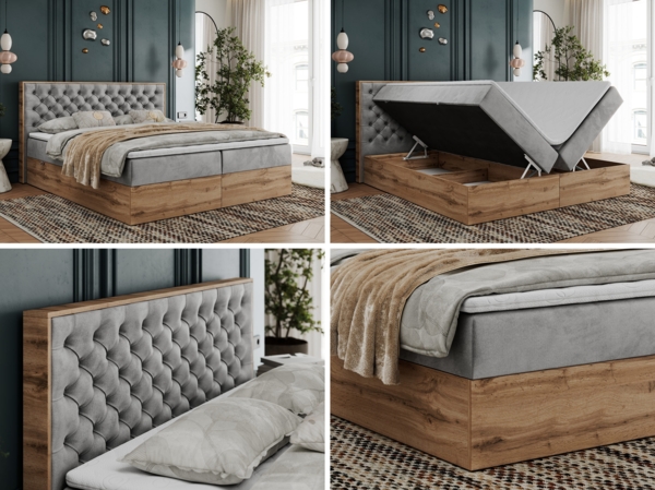 Boxspringbett mit Multipocket-Matratze und Zwei Bettkästen, Doppelbett mit Stauraum - ALBERO 3 - 120 x 200 cm - Hellgrau Velours - H3 Bild 2