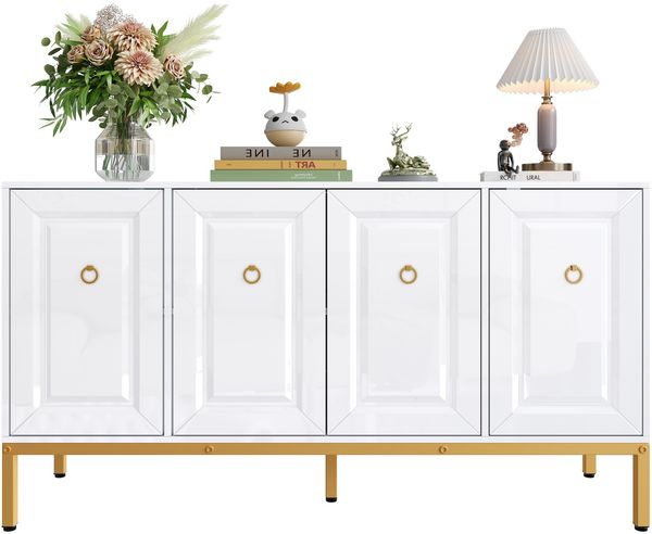 Sideboard, hochglänzender Aufbewahrungsschrank mit goldenen Griffen und Beinen, mit Einlegeböden. 140 × 80 × 40 cm
