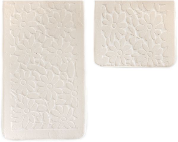 Almina Premium 2 teiliges Bademattenset aus Polyester Rutschfest Waschbar mit Blumenmotiv Creme