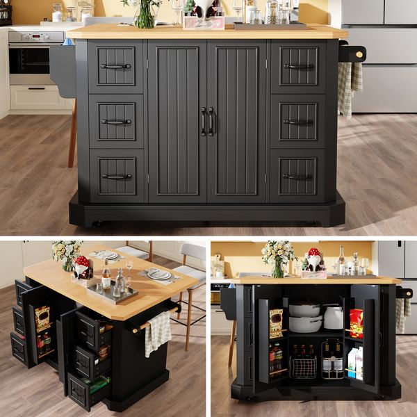 Kücheninsel mobil, Küchenschrank, Küchenwagen mit 2 Türen & 6 Schubladen, rollbar, (120x45(75)x91 cm), Weiß/Schwarz