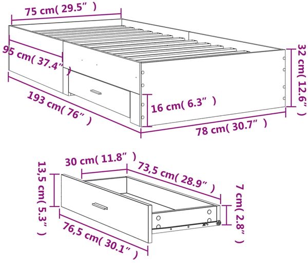 vidaXL Bettgestell mit Schubladen Räuchereiche 75x190 cm Holzwerkstoff 3280444 Bild 10