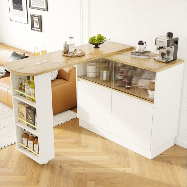 BBWL Stehtisch 360° drehbarer Stehtisch mit Sideboard und Ablagefach (multifunktionaler Barschrank aus MDF mit Glasschiebetür, modern für Küche und Esszimmer)
