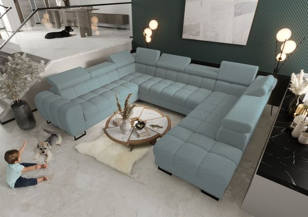 Wohnlandschaft Schlafsofa BASTIEN XL in Stoff Aragon Türkis Ottomane Rechts
