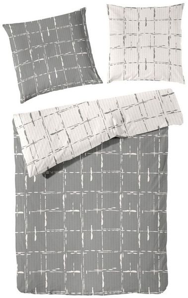 Primera Soft-Seersucker Bettwäsche 135x200 Wende Karo grau weiß stein 213065-80