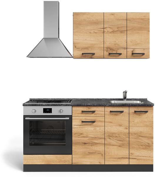Singleküche R-Line Goldkraft Eiche/Anthrazit 160 cm mit Herdumbauschrank mit Arbeitsplatte Vicco