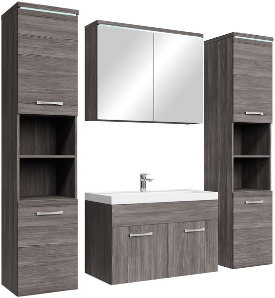 Badplaats Badmöbel Komplettset Paso XL LED 80 x 40 cm Grau Eiche - Badezimmermöbel mit Waschbecken, Spiegelschrank und 2 Badezimmerschränke