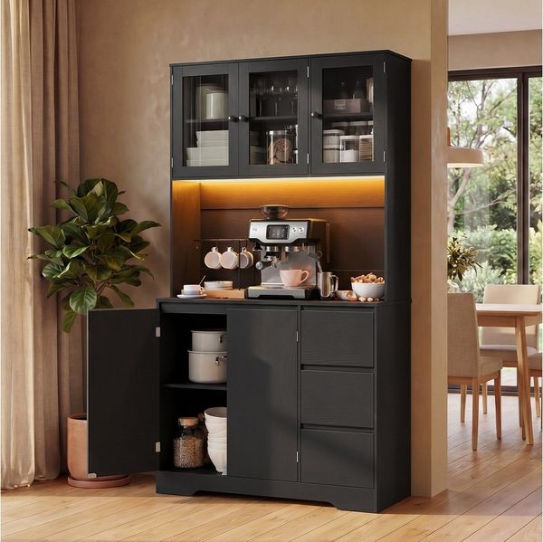 Bealife Buffet Küchenschrank mit Arbeitsplatte und 3 Schubladen (Mit LED-Licht (farblich einstellbar) & Steckdose)