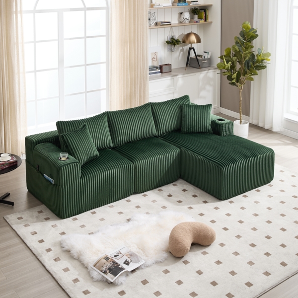 Sofa-Set, Modulares Sofa mit Chaiselongue und 2-Sitzer weicher Cordbezug 5 Kissen Taschen Getränkehalter hochdichter Schaumstoff DIY-Kombination, Cord, Grau