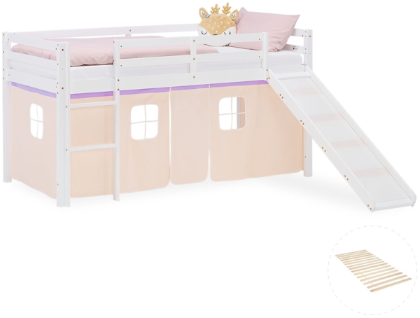 Hochbett Kinder 90x200 cm mit Lattenrost Rutsche Kinderbett Stockbett Vorhang Lila Peach Leiter Holz Massiv