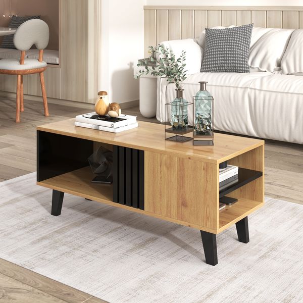 Couchtisch in Holzoptik & Schwarz mit Schubladen und Aufbewahrungsfächern - 100x60x45 cm