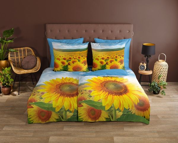 good morning Wendebettwäsche Sonne, Renforcé, 2 teilig, Baumwolle, 2 Teilig, Reißverschluss, Wende, Sonnenblume, Gelb, Blau