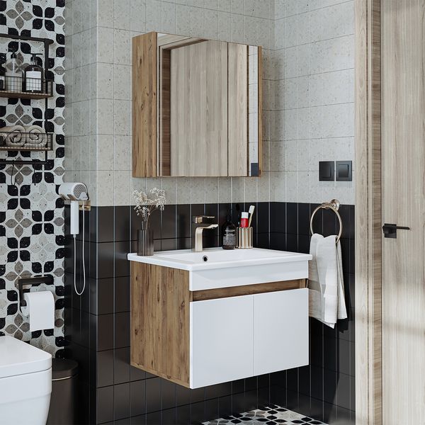 Roomart ATRIA-65 Badmöbel Set– 3-teiliges Badezimmermöbel Set - Unterschrank, Waschbecken & Spiegelschrank - H 45 x B 45 x T 65 cm • Weiß-Eiche
