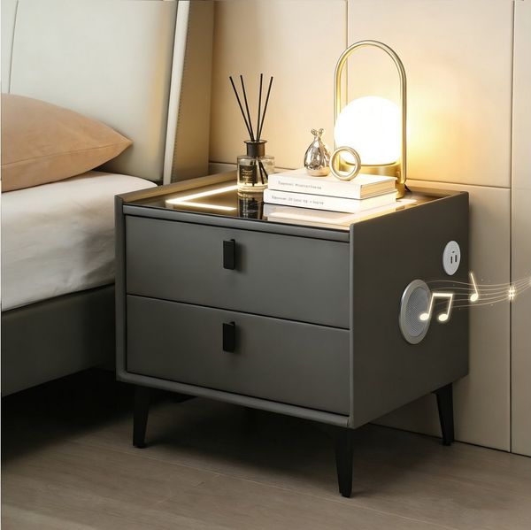 oyajia Nachttisch Nachtschrank mit Bluetooth-Lautsprecher & Kabelloser Ladefunktion (Touch-Bedienung, Elegantes Spiegel-Design), Modern Hochglanz Nachtschrank mit 2 Schubladen
