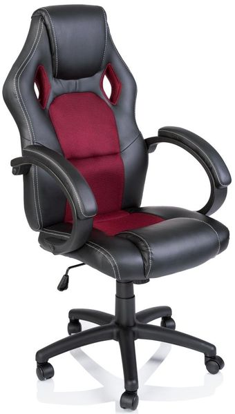 Racing Chefsessel Bürostuhl Drehstuhl 14 Farbvarianten. gepolsterte Armlehnen, Wippmechanik, Lift SGS geprüft (schwarz/weinrot)