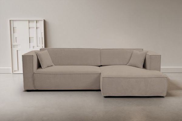 WERK2 Ecksofa Atlanta, moderne Designsprache, Stellmaße 280x147 cm, L-Form, Kedernaht, hoher Komfort, Schlaffunktion & Bettkasten, Cord, Greige