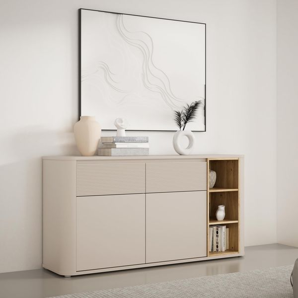Forte BREATHTAKER Sideboard 160, modern minimalistisch, 2-türig, 2 Schubladen, Regalfach, Reliefstruktur, Holzwerkstoff, Beige/Mauvella Eiche Holzdekor, 160 cm breit x 83,1 cm hoch x 41,3 cm tief