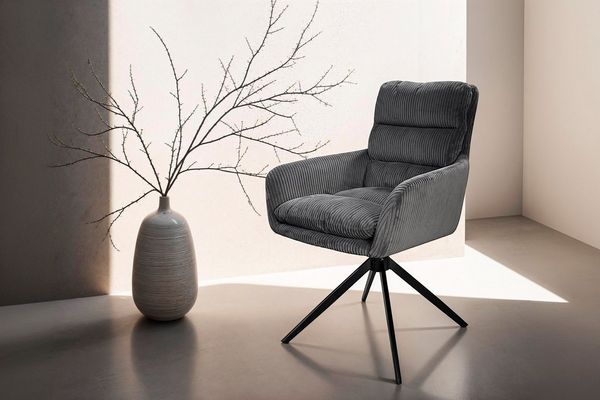 byLIVING Esszimmerstuhl 2er Set PURA/Grob-Cord dunkelgrau/Gestell Metall schwarz matt/Sitzschale 360° drehbar/Polsterstuhl/Armlehnstuhl/B 58, H 74, T 60 cm