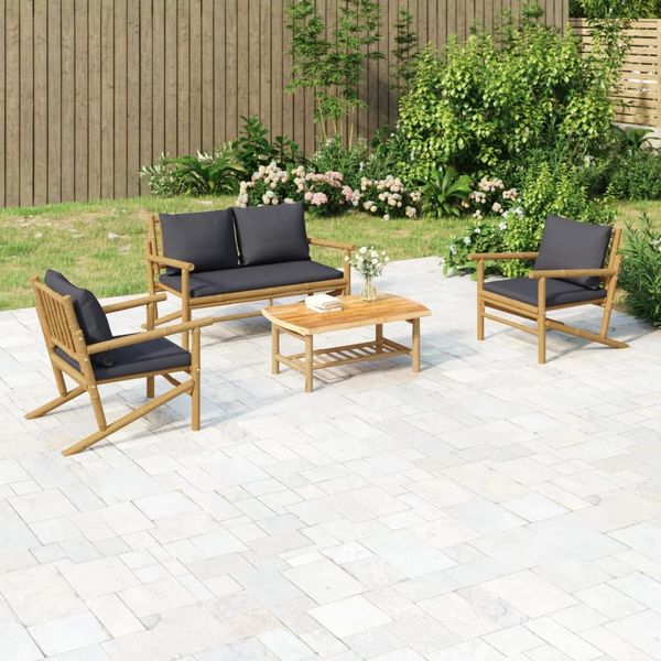 vidaXL 4-tlg. Garten-Lounge-Set mit Dunkelgrauen Kissen Bambus 3156470