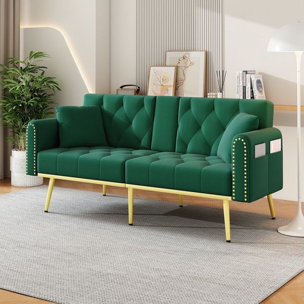 Merax Schlafsofa mit 3 verstellbaren Neigungswinkeln & ausklappbarer Liegefunktion, 2 sitzer Klappsofa Polstersofa mit bettfunktion 1 Teile, Sofa klappbar mit Getränkehalter, Zierkissen & Seitentasche, Samtbezug