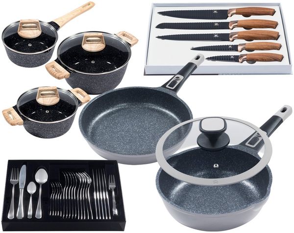 KING Pfannen-Set Moonscape, Aluminiumguss (Set, 11-tlg), Induktion, (Töpfe+Glasdeckel, Pfannen+Deckel,Messer,Besteckset)
