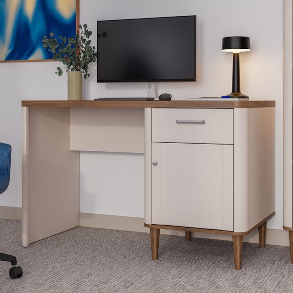 Forte LACETTI Schreibtisch 120, eleganter Schreibtisch mit hohen Möbelbeinen, Büro, Jugendzimmer, Holzwerkstoff, Kaschmir|Beige|Valencia Eiche Holzdekor, 120 cm breit x 75,8 cm hoch x 60 cm tief