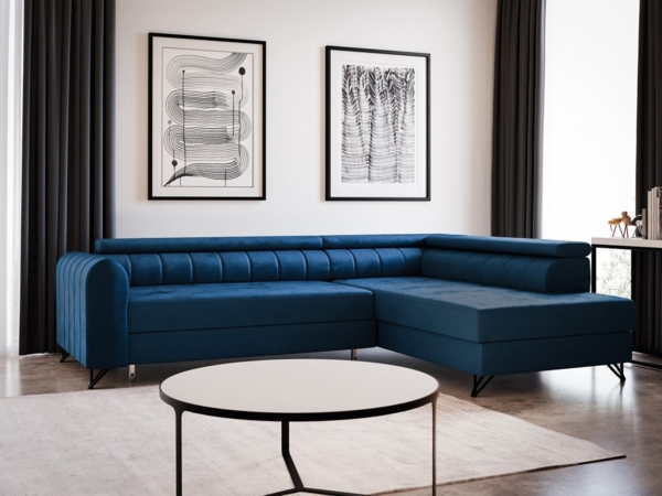 Ecksofa Alice mit Schlaffunktion und Bettkasten, Wohnlandschaft mit einstellbare Kopfstützen, Couch, Sofa, Bettsofa, Schlafsofa (Blau (Kronos 09), Ecksofa Rechts)