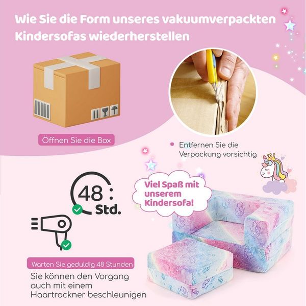 KOMFOTTEU Kindersofa, ausklappbar mit leuchtenden Mustern & abnehmbarem Flanellbezug