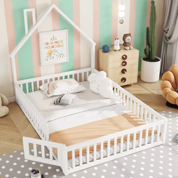 Hausbett mit Lattenrost und Rausfallschutz, 140x200 cm, Kinderbett, Jugendbett, Kiefer
