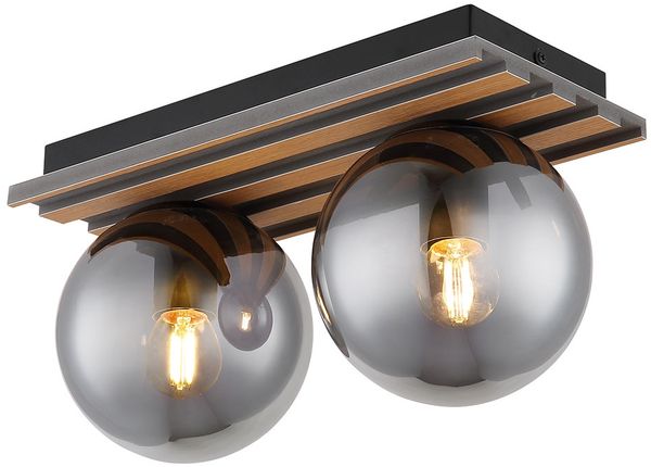 LED Deckenleuchte, Holzoptik, 2 flammig, Glaskugel, L 35 cm