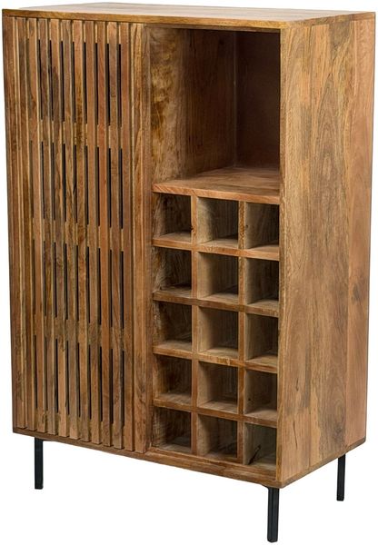 Hausbar Mango Massivholz 80x123cm Barschrank mit Schiebetür im Gitter-Design - Bar Schrank Weinaufbewahrung - Spirituosenschrank mit Metallbeine und Weinregal Handmade