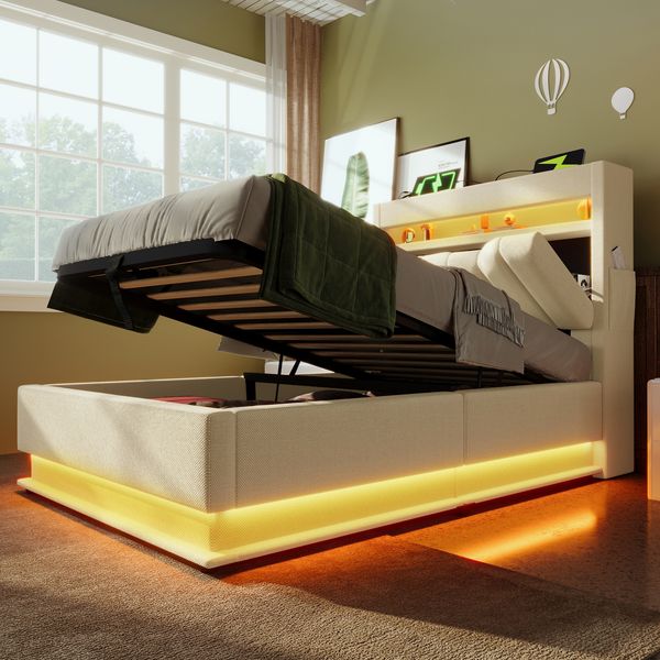Polsterbett 90×200 cm aus Leinen-Stoff mit LED-Beleuchtung, Hydraulischem Stauraum & Matratze, beige