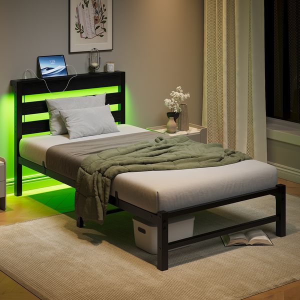 Bettgestell 90x200 cm mit USB-Anschluss, RGB-LED & Ablagefläche, Metall und Holz, schwarz
