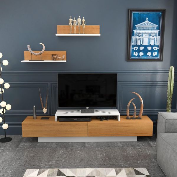 Hanah Home Scandinavian TV Unit, White & Teak, 180 x 31 x 40 cm | 100% Melamine Coated Particle Board, 18 mm Thick | Includes 2 Wall Shelves, Stylish & Functional Design