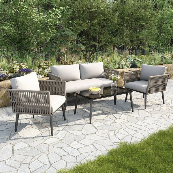 Merax Gartenlounge-Set aus verzinktem Stahl & geflochtenes PE-Seil in Wassergras-Optik, (4-tlg, Sitzgruppe Gartengarnitur-Set Terrassenmöbel Balkonmöbel), 4-Sitzer Gartenmöbel mit Sofa, Sessel & Couchtisch mit Glastischplatte