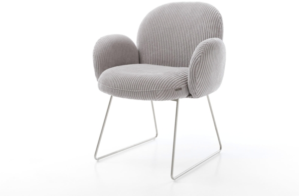 Esszimmerstuhl Nube-Flex mit Armlehnen Cord Silbergrau Kufengestell Edelstahl Taschenfederkern