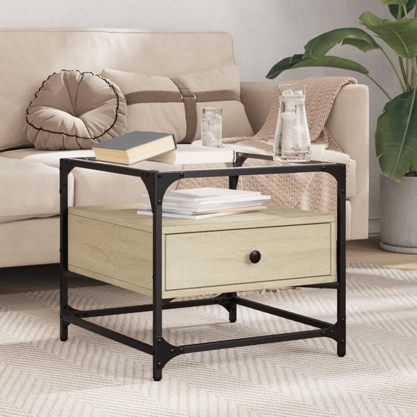 vidaXL Couchtisch mit Glasplatte Sonoma-Eiche 50x50x45 cm Stahl 846050