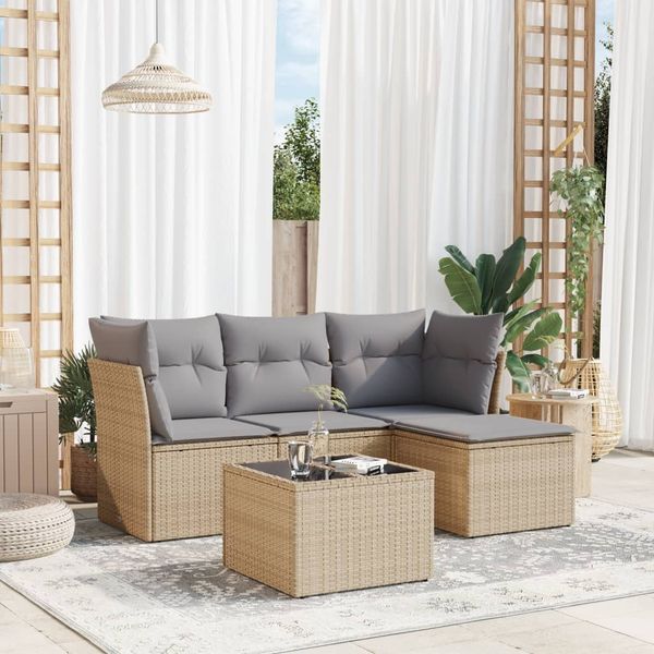 vidaXL 5-tlg. Garten-Sofagarnitur mit Kissen Beige Poly Rattan 3217549