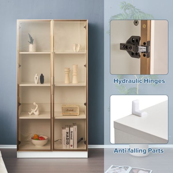 Merax 2er-Set Weiß glasvitrinen mit 16-farbiger LED-Beleuchtung, Vitrine mit Flügeltüren und beweglichen Einlegeböden, 80*40*160 cm (einzeln), Hochschrank für Wohnzimmer, freistehender Schrank, Badezimmersch Bild 8