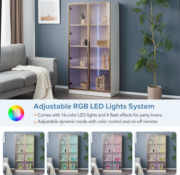 Merax 2er-Set Weiß glasvitrinen mit 16-farbiger LED-Beleuchtung, Vitrine mit Flügeltüren und beweglichen Einlegeböden, 80*40*160 cm (einzeln), Hochschrank für Wohnzimmer, freistehender Schrank, Badezimmersch Bild 5