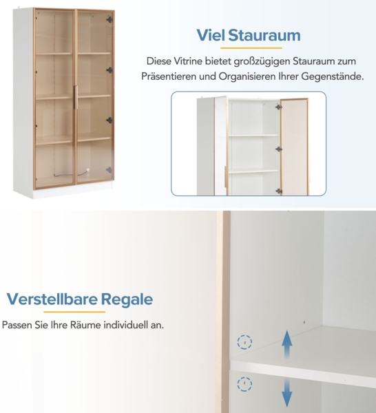 Merax 2er-Set Weiß glasvitrinen mit 16-farbiger LED-Beleuchtung, Vitrine mit Flügeltüren und beweglichen Einlegeböden, 80*40*160 cm (einzeln), Hochschrank für Wohnzimmer, freistehender Schrank, Badezimmersch Bild 6