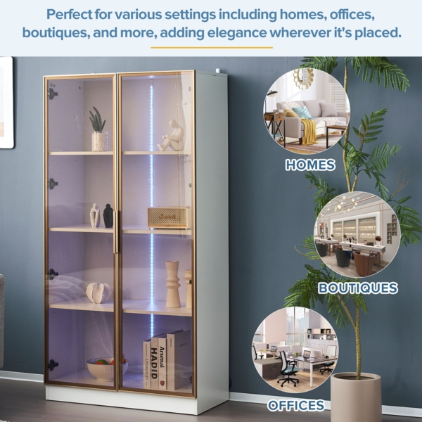 Merax 2er-Set Weiß glasvitrinen mit 16-farbiger LED-Beleuchtung, Vitrine mit Flügeltüren und beweglichen Einlegeböden, 80*40*160 cm (einzeln), Hochschrank für Wohnzimmer, freistehender Schrank, Badezimmersch Bild 7
