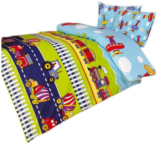 JACK Babybettwäsche 100x135cm Zug Traktor LKW Flugzeug mit RV, Renforcé, 2 teilig, süßes Kindermotiv mit Fahr- und Flugzeugen