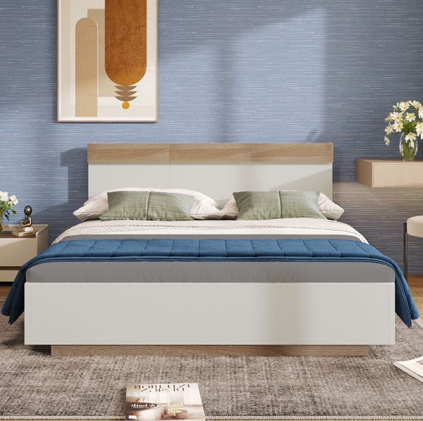 Doppelbett 160x200 cm, Schwebebett-Design in Weiß/Eiche, ohne Matratze