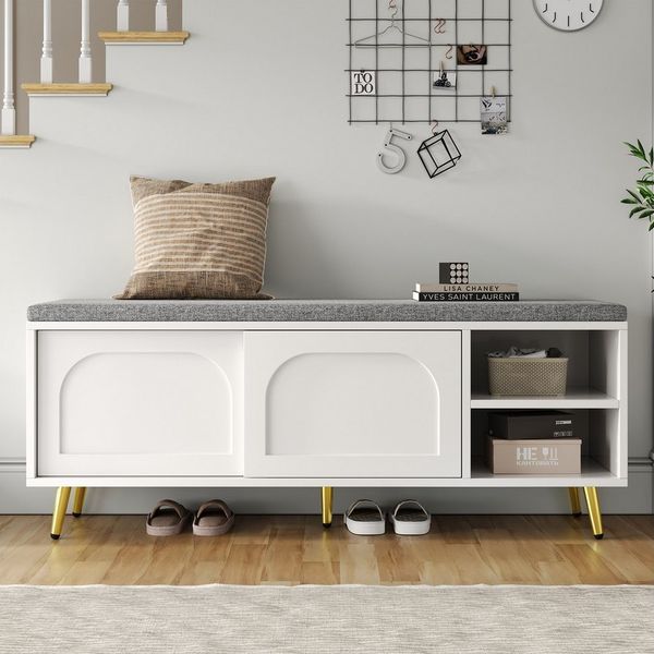 Flieks Schuhbank mit Sitzkissen und Schiebetüren (B121×T35×H49 cm, 1-St), Schuhregal Sitzbank Schuhschrank aus MDF Weiß, Metallbeine