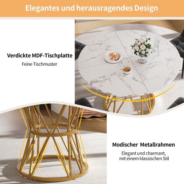 Runder Esstisch (100×100×76cm), Küchen-Esstisch, runder Couchtisch für 4 Personen, geeignet für Esszimmer, Wohnzimmer, stilvolle Tischbeine aus Metall, Tischplatte aus MDF-Marmor, Gold Bild 7