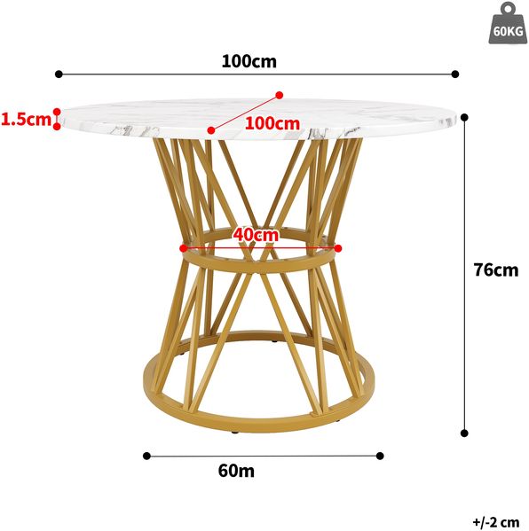 Runder Esstisch (100×100×76cm), Küchen-Esstisch, runder Couchtisch für 4 Personen, geeignet für Esszimmer, Wohnzimmer, stilvolle Tischbeine aus Metall, Tischplatte aus MDF-Marmor, Gold Bild 3