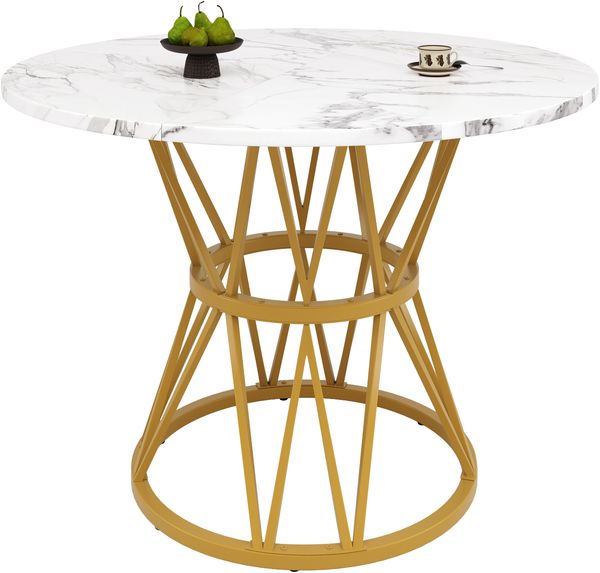 Runder Esstisch (100×100×76cm), Küchen-Esstisch, runder Couchtisch für 4 Personen, geeignet für Esszimmer, Wohnzimmer, stilvolle Tischbeine aus Metall, Tischplatte aus MDF-Marmor, Gold Bild 8