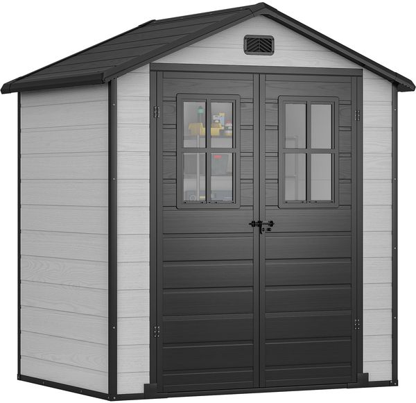 DWVO Kunststoff Gerätehaus 6x4,4 Fuß (ca. 170 x 123 x 207 cm) mit 2 Sichtfenstern, abschließbare doppelwandige Gartenbox für Rasenmäher & Gartengeräte –Grau Schwarz