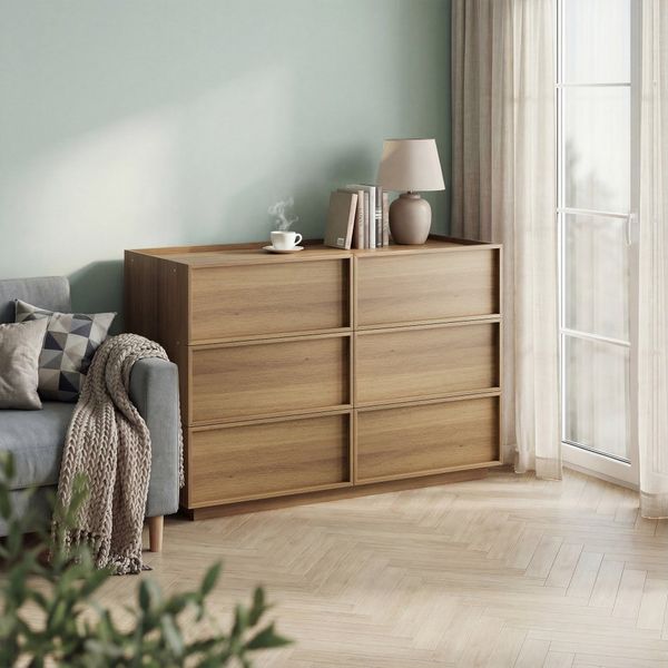 Sweiko Kommode mit sechs Schubladen, Kleiderschrank, Schminktisch (geeignet für Wohnzimmer, Schlafzimmer, Flur), Aufbewahrungsmöbel aus Holz, 115 x 48 x 80 cm, Eichenfarbe